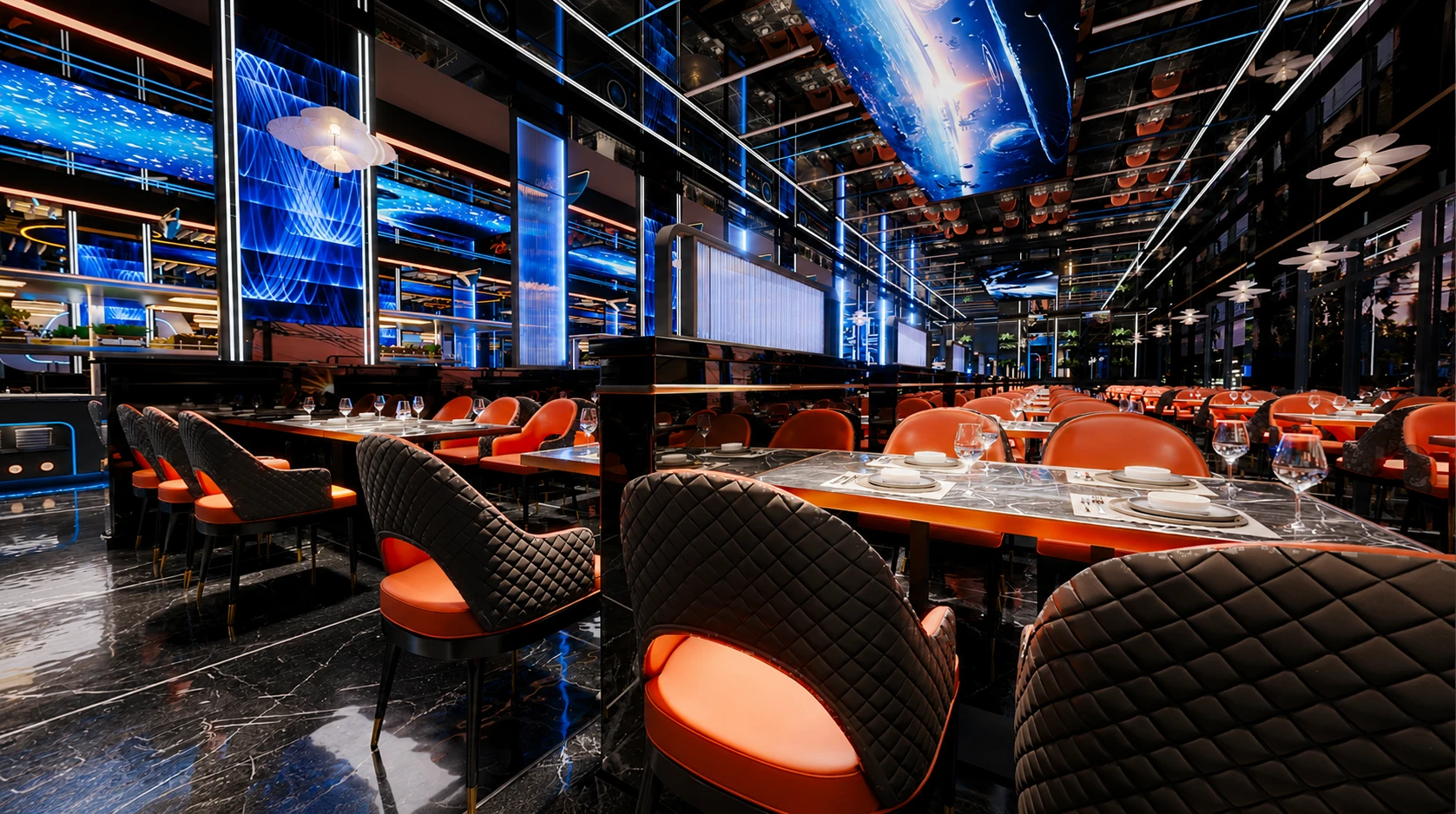 Salle du restaurant Wok Savigny avec tables et fauteuils orange