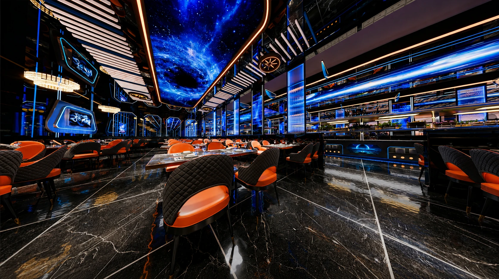 Salle du restaurant Wok Savigny sous un plafond galaxie